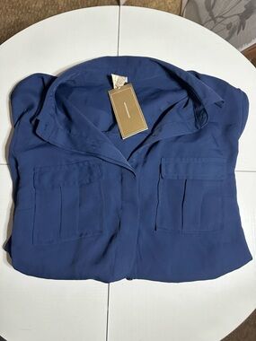 Francesca's Navy Button-Front Shirt with Dual Patch Pockets